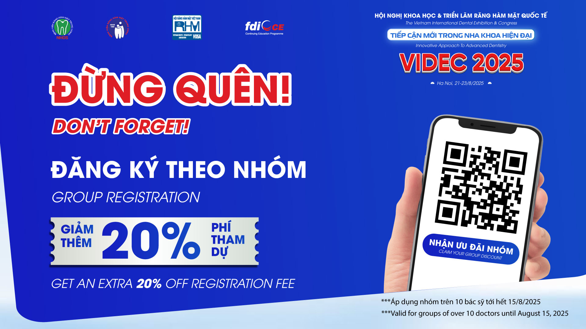 Đăng ký theo nhóm từ 10 bác sĩ trở lên sẽ được giảm thêm 20% phí tham dự hội nghị